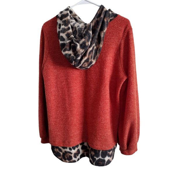 Women's Animal Print Hoodie Sweaters Casual Knit Pachwork Size M Orange Brown - Picture 2 of 9
